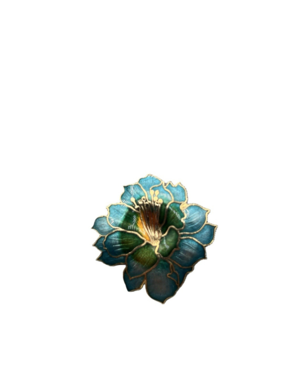 Vintage Green Cloisonnè Hibiscus Brooch Pin Gold Tone